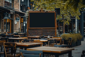 Wall Mural - tables sitting around an empty outdoor restaurant with black blank sign Generative AI