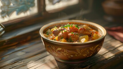 Poster - Savory stew in a traditional bowl, home-cooked meal. rustic kitchen setting, warm sunlight. comfort food concept. perfect for culinary blogs. AI