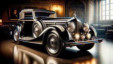 Classic Vintage Car From The Early 20th Century, Displayed Inside A Museum In An Opulent, Antique Setting With A Reflective Floor And Warm Chandelier Lights.