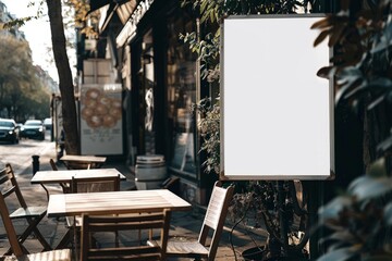 Wall Mural - empty poster with blank page at restaurant cafe table outdoor Generative AI