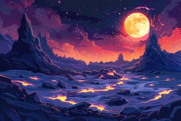 Wall Mural - Night alien planet space landscape with rocks and lava