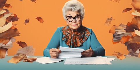 Wall Mural - Senior woman holding paperwork , filling out forms, reading bills