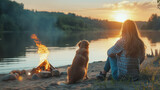 Fototapeta Panele - Back view of young woman and dog sitting by campfire on lake shore
