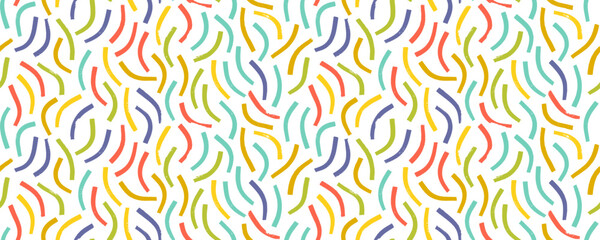 Fun colored doodle lines seamless pattern in Memphis childish style. Creative abstract squiggle style drawing background.