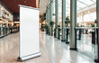 standing poster display in a shopping mall Free, Vibrant Blank Color RollUp Banner Stand Stealing the Spotlight in a Shopping Mall 3D Render
