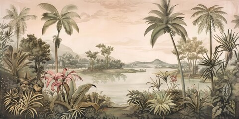 Wall Mural - wallpaper jungle and leaves tropical forest, old drawing vintage