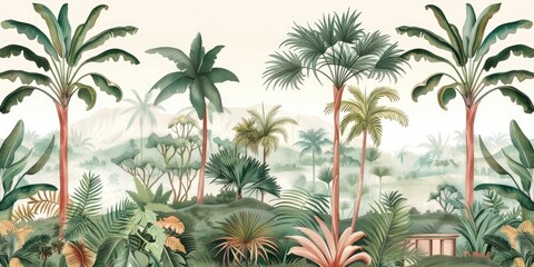  wallpaper jungle and leaves tropical forest, old drawing vintage