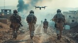 Fototapeta  - Soldiers walk through a destroyed city with a drone flying ahead. War with new technologies, misfortune and suffering