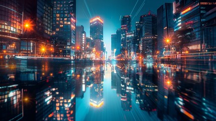 Wall Mural - A futuristic cityscape with dazzling lights and reflections.