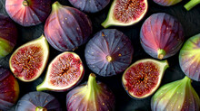 Fresh Figs Display, A Beautiful Display Of Ripe Figs, Cut Open To Reveal The Intricate Red Seeds Within, Against A Dark, Contrasting Backdrop.