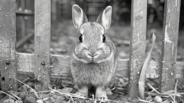 a black and white photo of a rabbit in a fenced in area with grass and dirt on the ground.