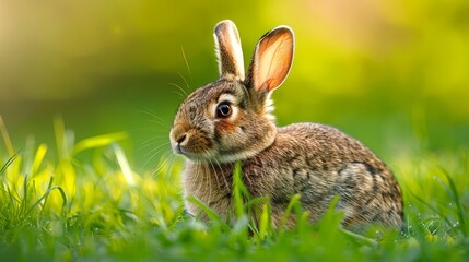 Wall Mural - a rabbit is sitting in the grass with its ears up and it's eyes wide open, with a blurry background.
