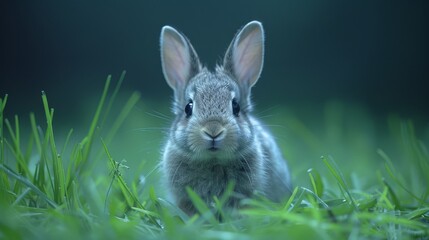 Wall Mural - a close up of a bunny rabbit in a field of grass looking at the camera with a serious look on its face.