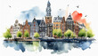 Watercolor illustration of Amsterdam city. Capital of Netherlands. Travel by Europe. Abstract buildings, architecture