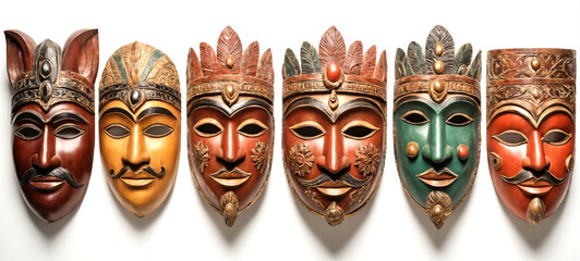 Wall Mural - Traditional carved painted wooden masks isolated on white background