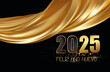 tarjeta o pancarta para desear un feliz año nuevo 2025 en negro y dorado con una cortina de tela dorada sobre un fondo negro con círculos en efecto bokeh
