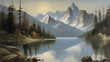 Painting of a mountain lake with a mountainous background