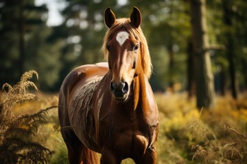 Wall Mural - Horse grazing serenely in Campo Verde., generative IA