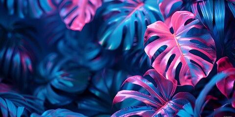 Wall Mural - Tropical leaves, colorful glowing neon summer background.