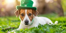 Cute Funny Dog Wearing Green Festival Costume Elements For St. Patrick's Day Celebration