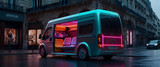 Fototapeta Big Ben - Futuristic Generic electric van concept design with colorful ambiance in Paris high street on black background as a wide banner with copyspace area, big ben and bus.