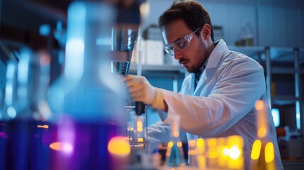 Poster - An engineer is conducting experiments in a science lab, wearing a lab coat. AIG41