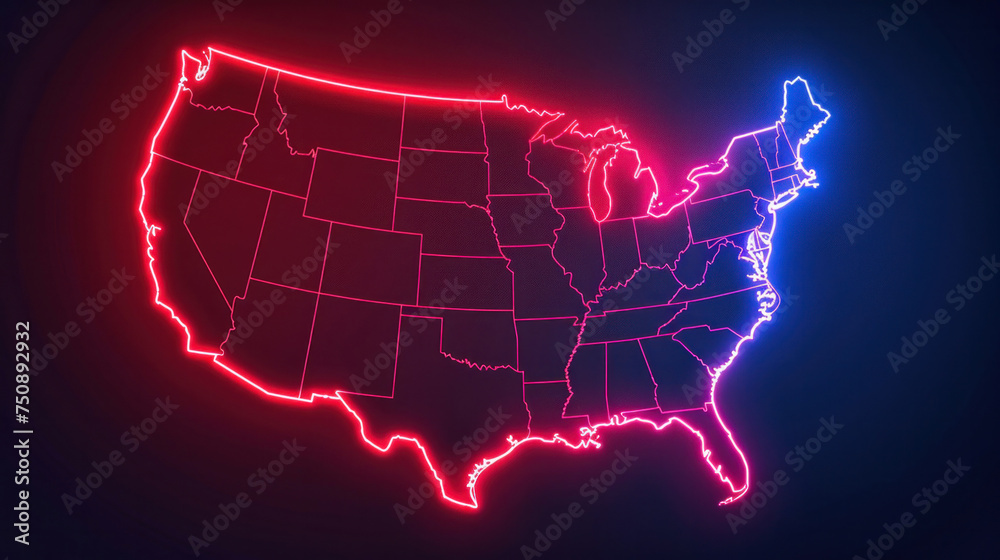 Vibrant neon outline of the United States map on a dark background ...
