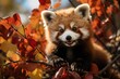 Red panda puppy playing on tree., generative IA