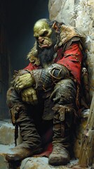 Wall Mural - Orc ogre sitting in a tavern relaxing while drinking in a wooden cup, aggressive, ugly, and malevolent race of fantasy monsters