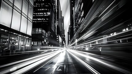 High-Speed Urban Light Trails in Monochrome Cityscape - Generative AI