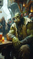 Wall Mural - Orc ogre sitting in a tavern relaxing while drinking in a wooden cup, aggressive, ugly, and malevolent race of fantasy monsters