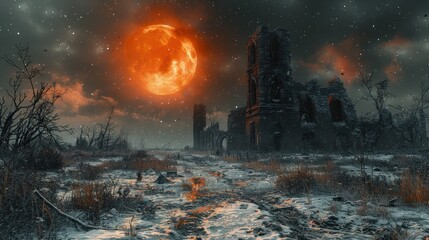 Wall Mural - a painting of a fantasy landscape with a full moon in the sky and a path leading up to a castle.