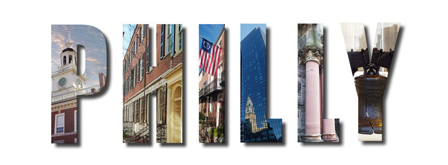 Wall Mural - Banner Philly text collage of Philadelphia images from around the historic US city including the Liberty Bell and Independence Hall