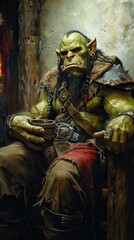 Sticker - Orc sitting in a tavern relaxing while drinking in a wooden cup, aggressive, ugly, and malevolent race of fantasy monsters