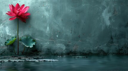 Wall Mural - a painting of a pink flower sitting on top of a body of water next to a green leafy plant.