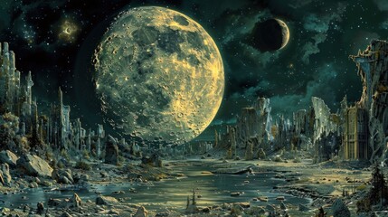 a painting of an alien landscape with a river running through it and a giant moon in the middle of the sky.