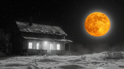 Wall Mural - a house in the middle of a snowy field at night with a full moon in the sky over the house.