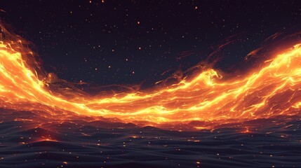 Wall Mural - a computer generated image of a wave of fire on a black background with a blue sky and stars above it.