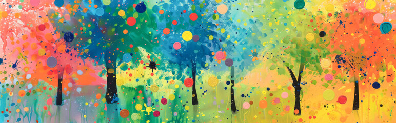 Wall Mural - Colorful background with trees and flowers in the forest. Children's illustration.
