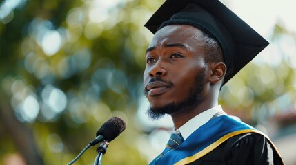 portrait of a young African-American guy, a student makes a speech in the schoolyard, a graduate's speech at the podium, graduation, a square academic hat