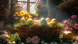 Easter holiday set of a basket with festive colored symbolical eggs prepared for religious celebration