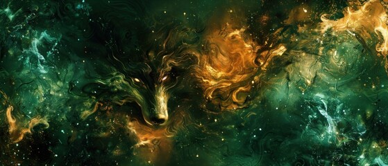 Wall Mural - a painting of a wolf's head in the center of a green, yellow, and orange space filled with stars.