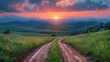 Beautiful summer mountain rural landscape; Panorama of summer green field with dirt road and Sunset cloudy sky.