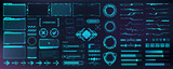 Fototapeta Młodzieżowe - Digital user interface, HUD elements for UI, UX, GUI. Futuristic User Elements - arrows, callouts, frame, cyber buttons, holograms, board UI, circle FUI, audio, keyboard in cyberpunk style. Vector set