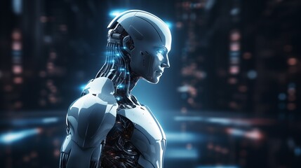 robot in cyberpunk style on neon background