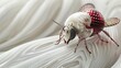 a close up of a red and white insect on a white surface with a black spot on the back of it's head.