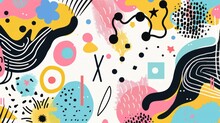 Naive Playful Abstract Shapes In Doodle Grunge Style In Multi Colored. Squiggles, Circles, Asterisk, Infinity Sign, Dots And Wavy Bold Lines. Vector Illustration With Colorful Geometric Elements.