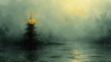 Wall Mural - a painting of a christmas tree in the middle of a body of water with a star on top of it.