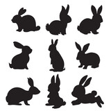 Fototapeta Dinusie - Rabbit silhouettes vector, perfect for Easter, spring celebrations. fluffy bunnies in various poses - hopping, sitting, standing.