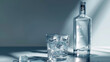 Against a backdrop of purity, a shot glass filled with ice stands next to a bottle of vodka, their simple yet elegant presence evoking the promise of cool refreshment.